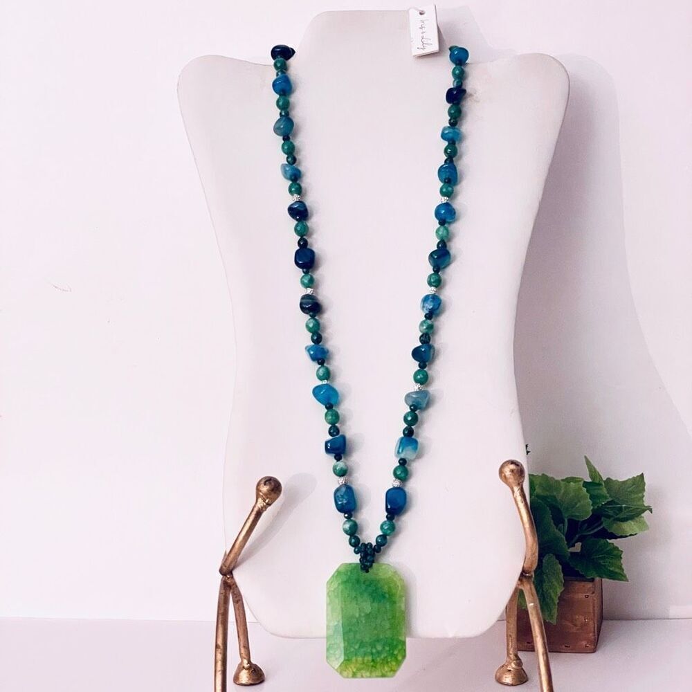NWT Iris & Lily Long sterling silver 925 genuine Green Agate gemstone Necklace